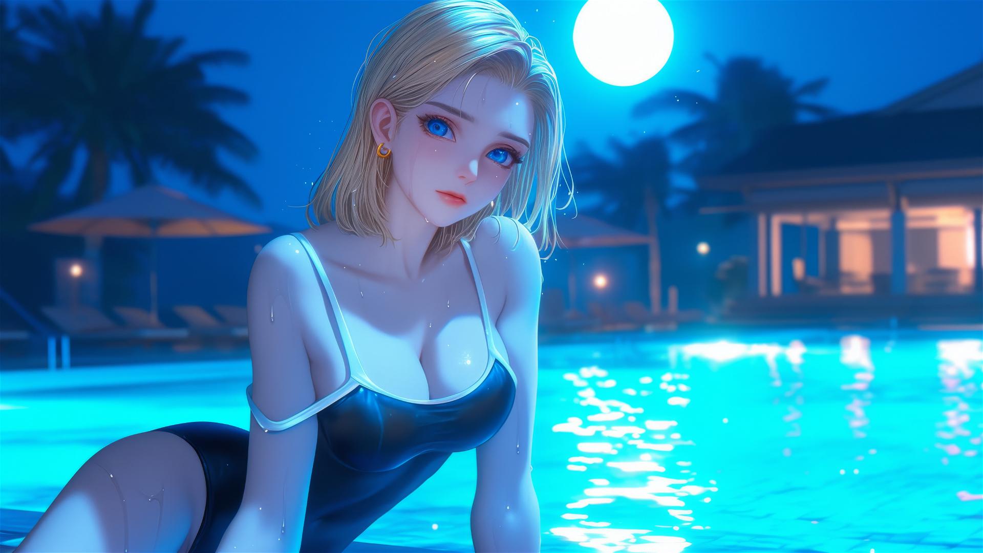 Android 18 resting by a rainy swimming pool under moonlight