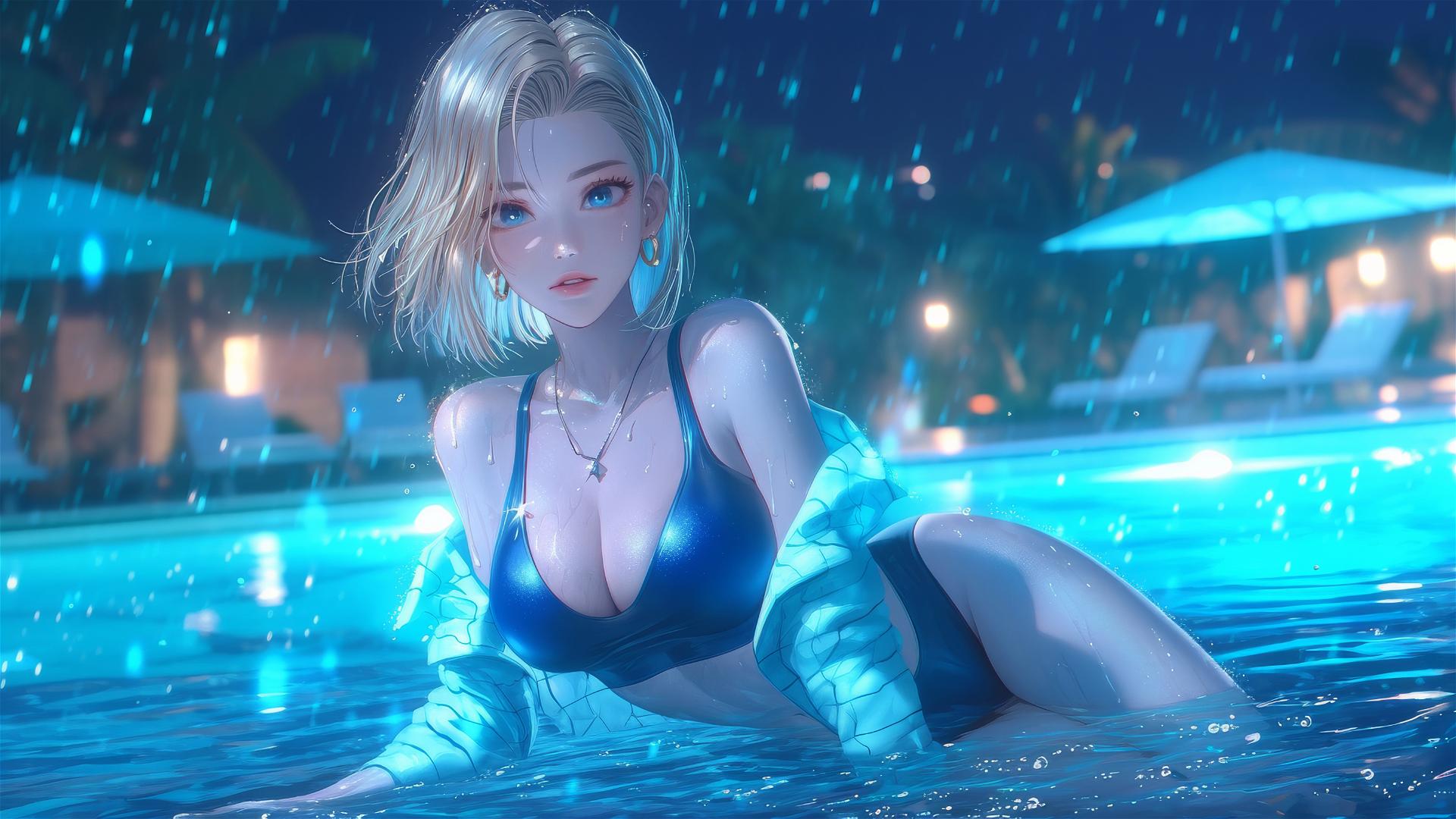 Android 18 relaxing by a rainy swimming pool in moonlight