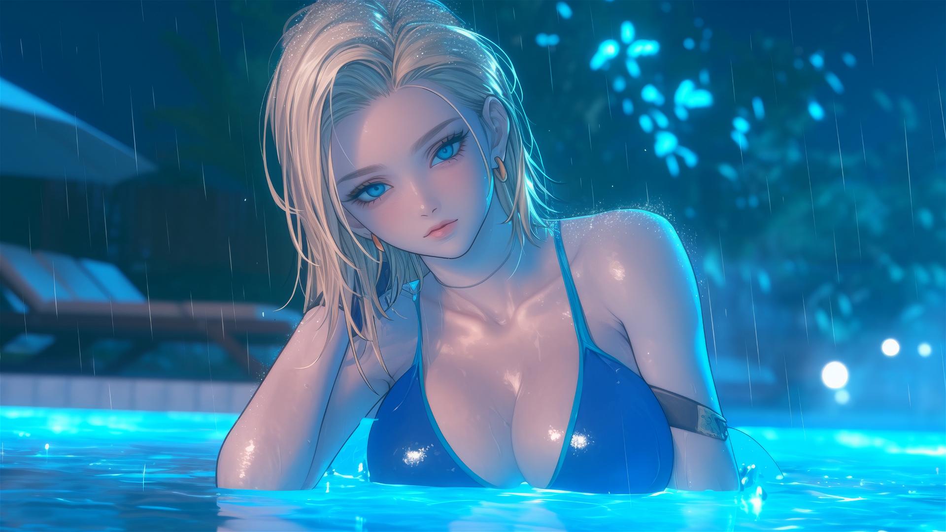 Android 18 from Dragon Ball resting by a rainy swimming pool