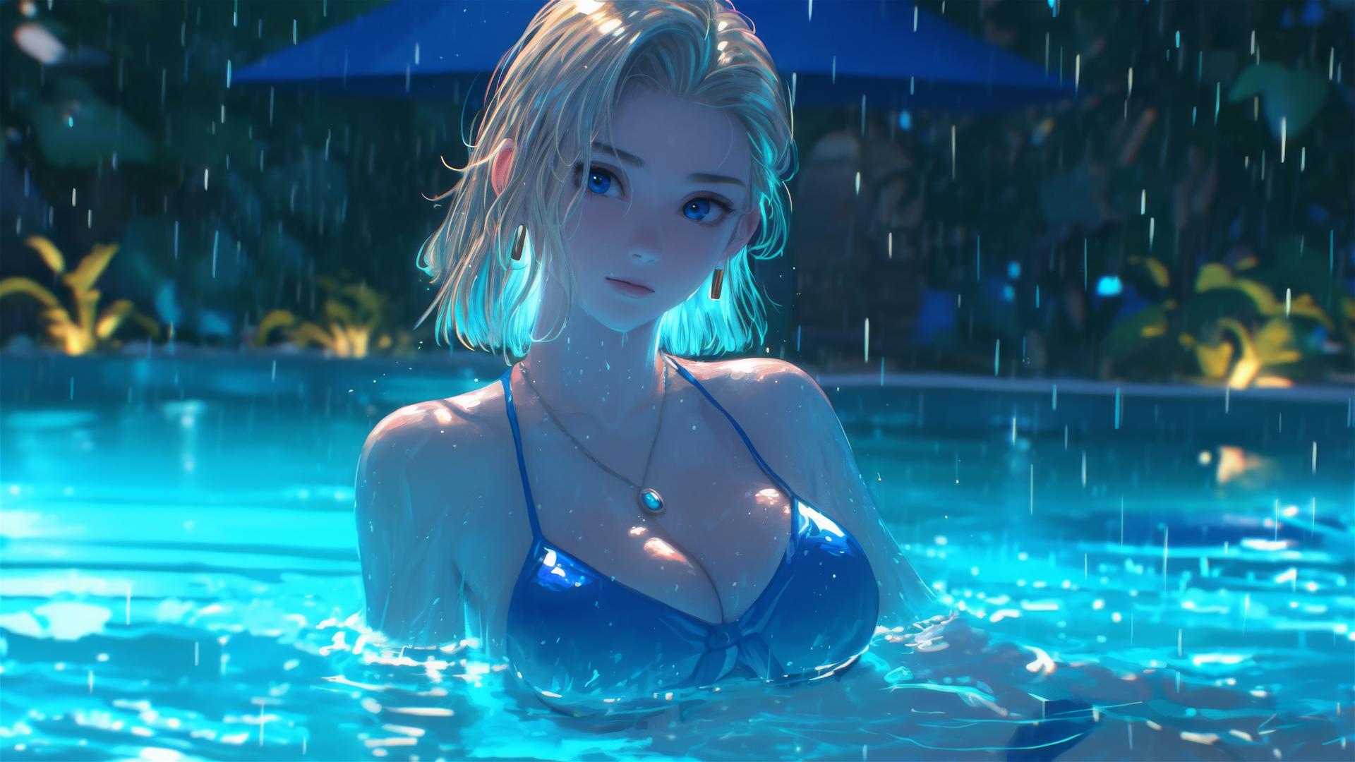 Android 18 lounging by a rainy swimming pool