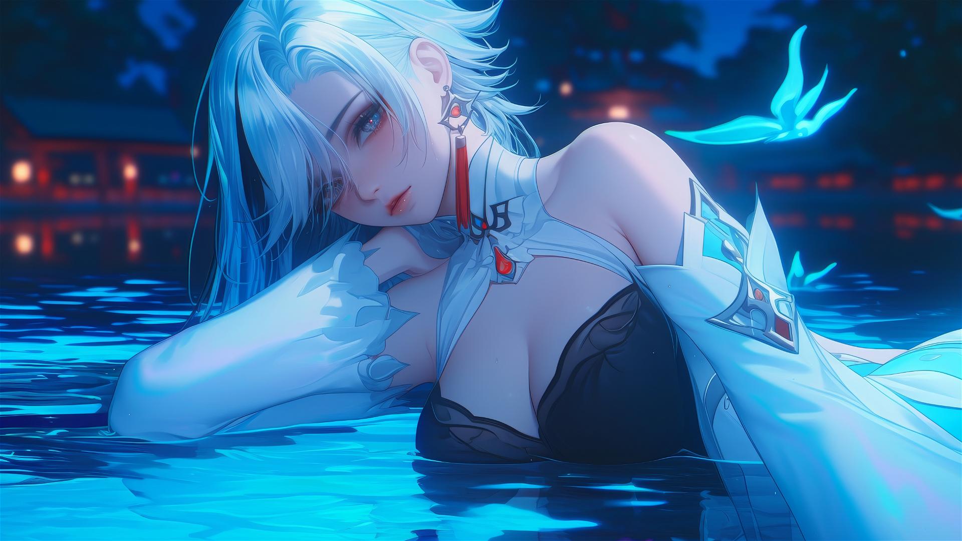 Arlecchino from Genshin Impact with white hair and black streaks, resting by a moonlit pool.