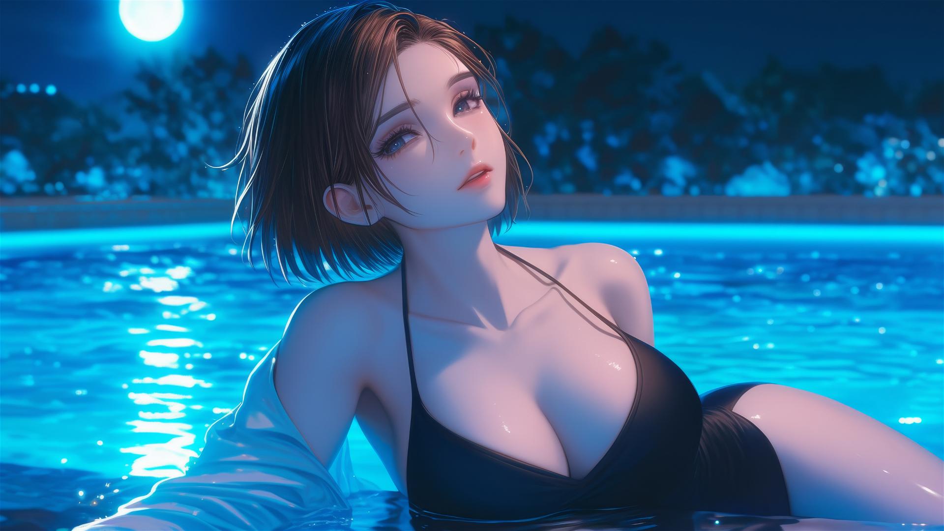 Nobara Kugisaki from Jujutsu Kaisen resting by a rainy swimming pool at night