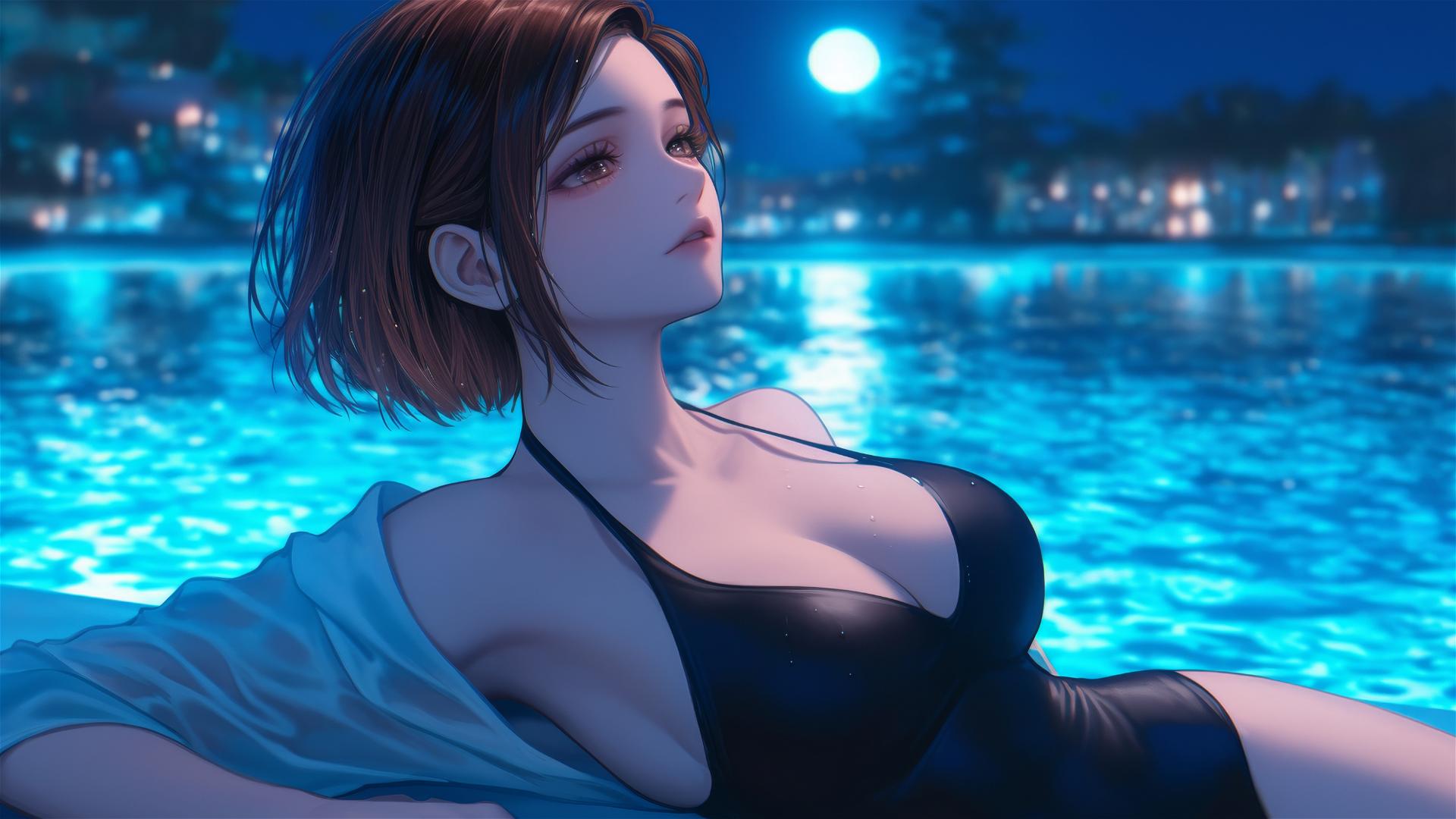 Nobara Kugisaki relaxing by a rainy pool under moonlight
