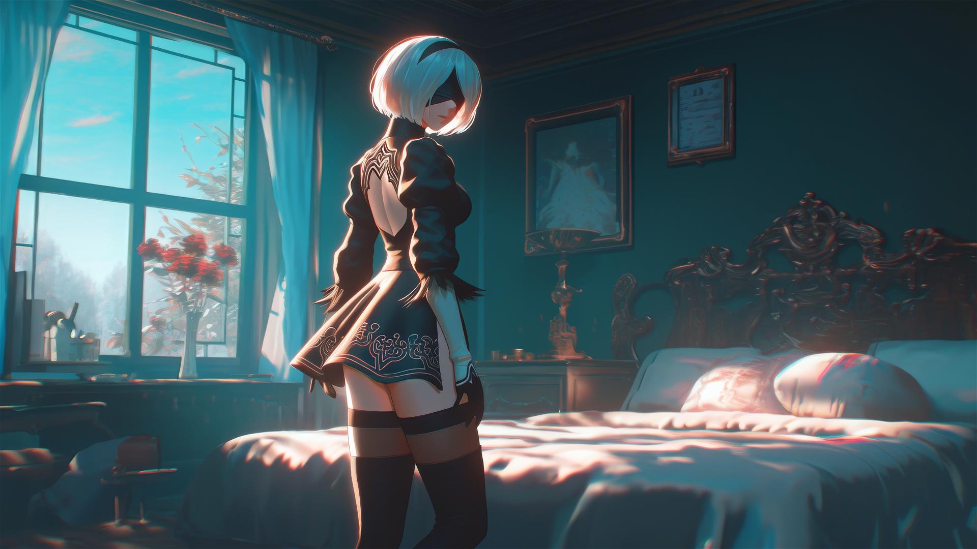 2B from Nier in modern hotel room with moonlight glow