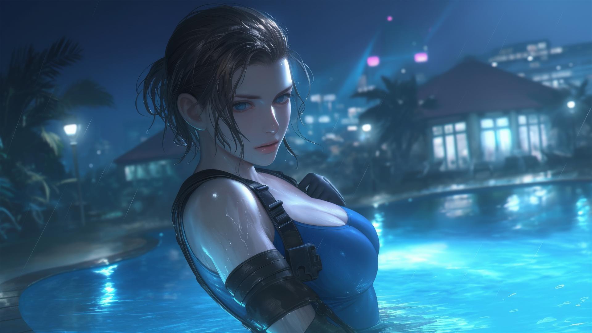 Jill Valentine standing in a rainy swimming pool under moonlight