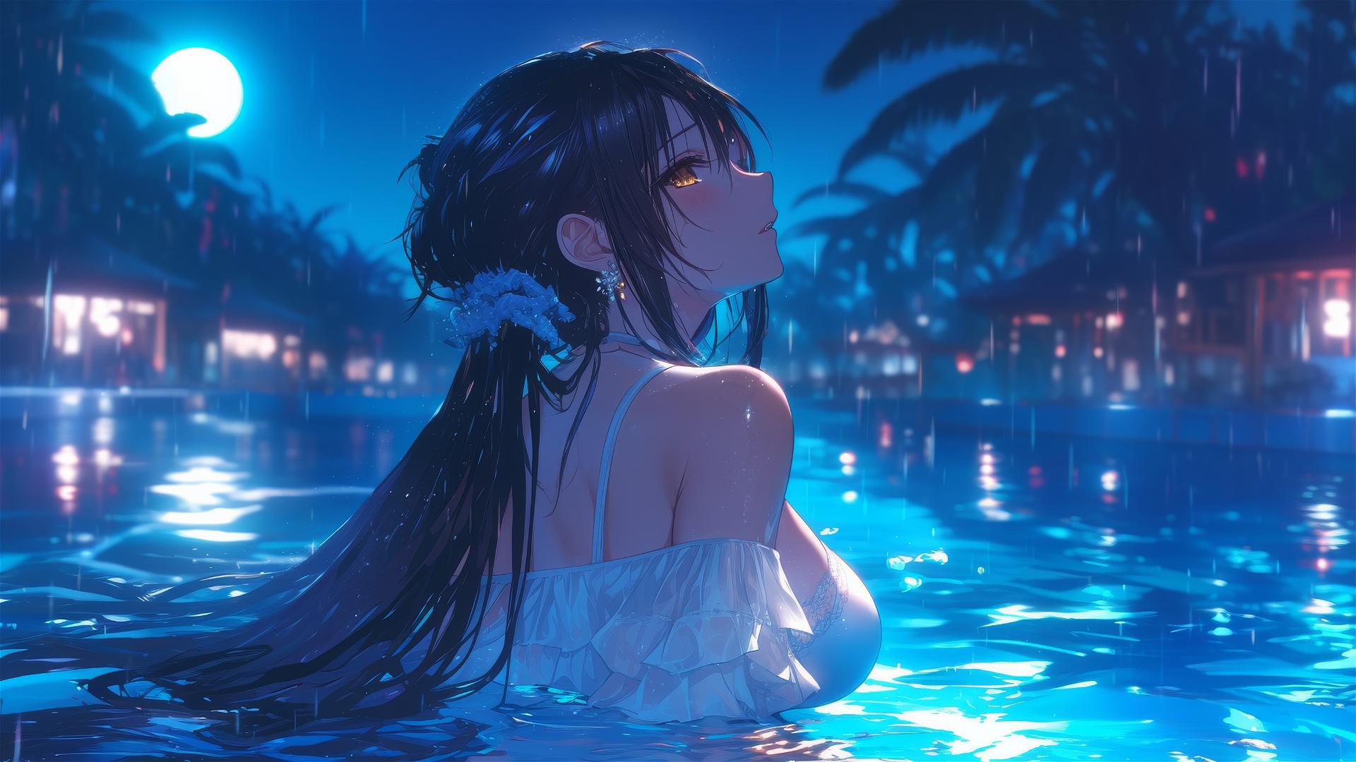 Kurumi Tokisaki in white dress standing in rainy pool under moonlight with red and yellow eyes