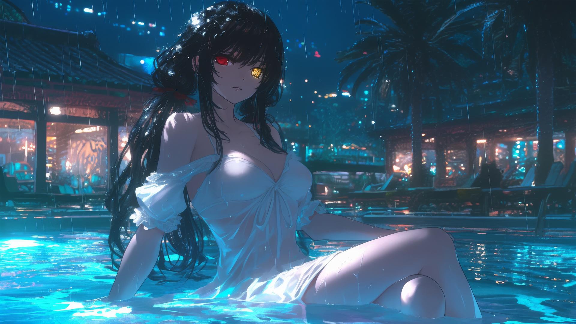 Kurumi Tokisaki standing in a rainy swimming pool under moonlight, wearing pure white dress.