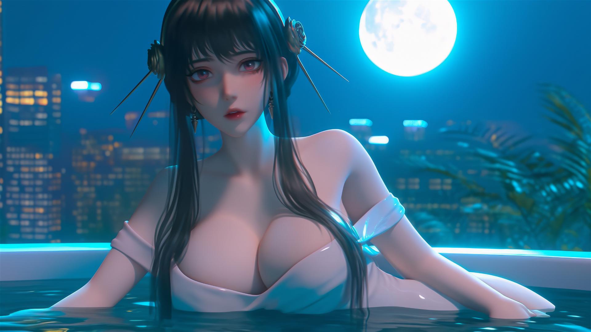 Yor Forger relaxing in a tub under soft moonlight