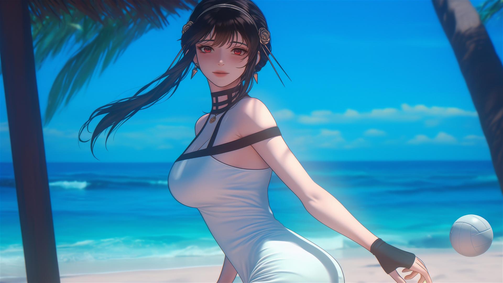 Yor Forger playing beach volleyball in beach volleyball dress at sunny beach.