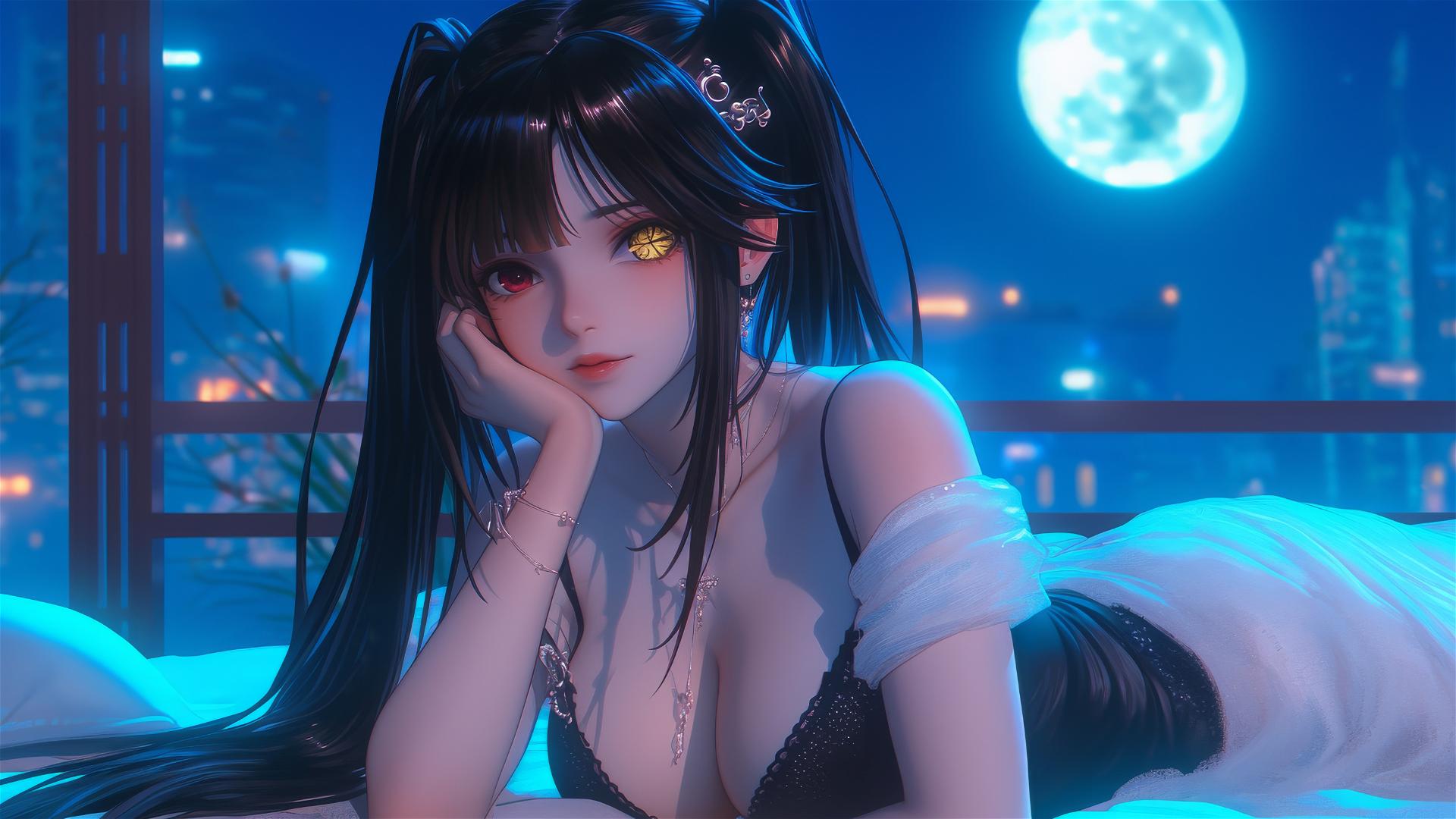 Kurumi Tokisaki leisurely resting in a modern hotel, moonlit glow