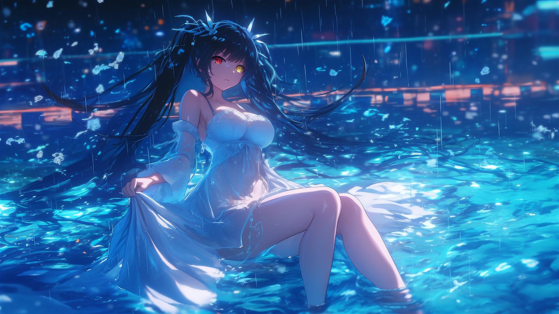 Kurumi Tokisaki in white dress in rainy pool under moonlight, red and yellow eyes