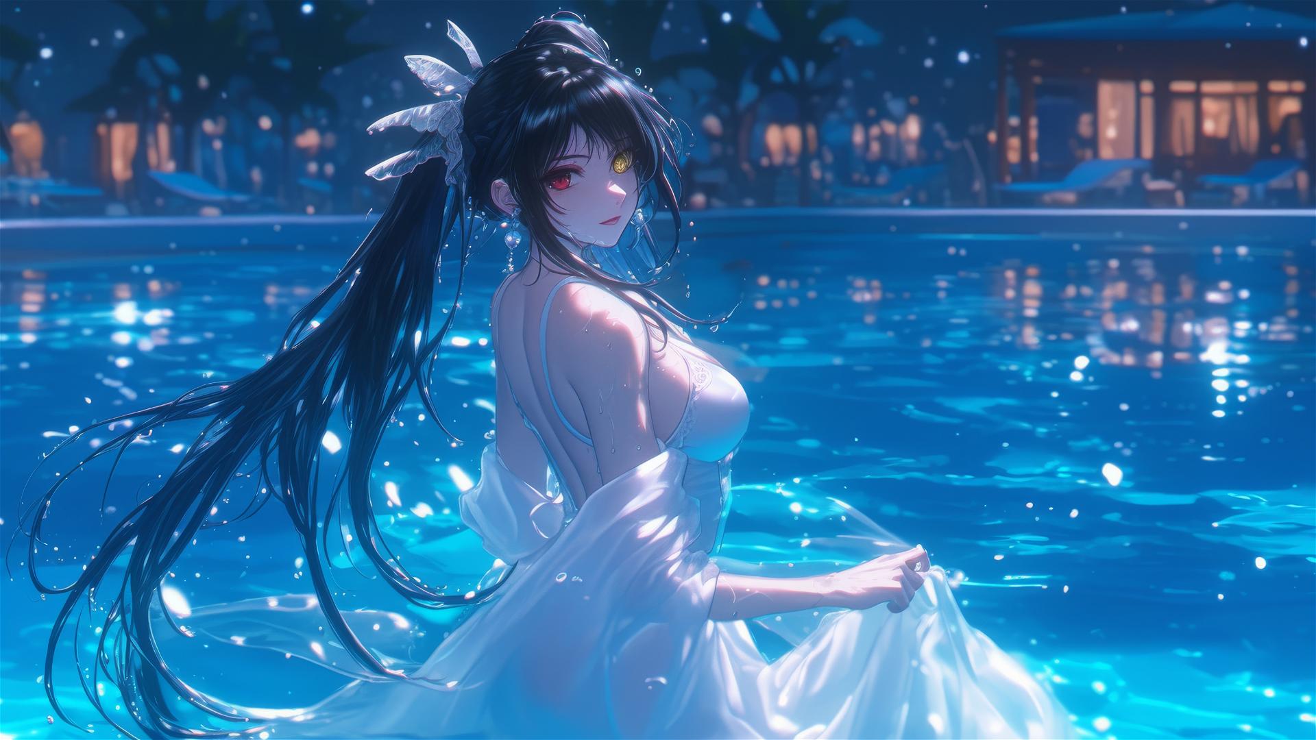 Kurumi Tokisaki standing in a rainy swimming pool, illuminated by moonlight, wearing a white dress