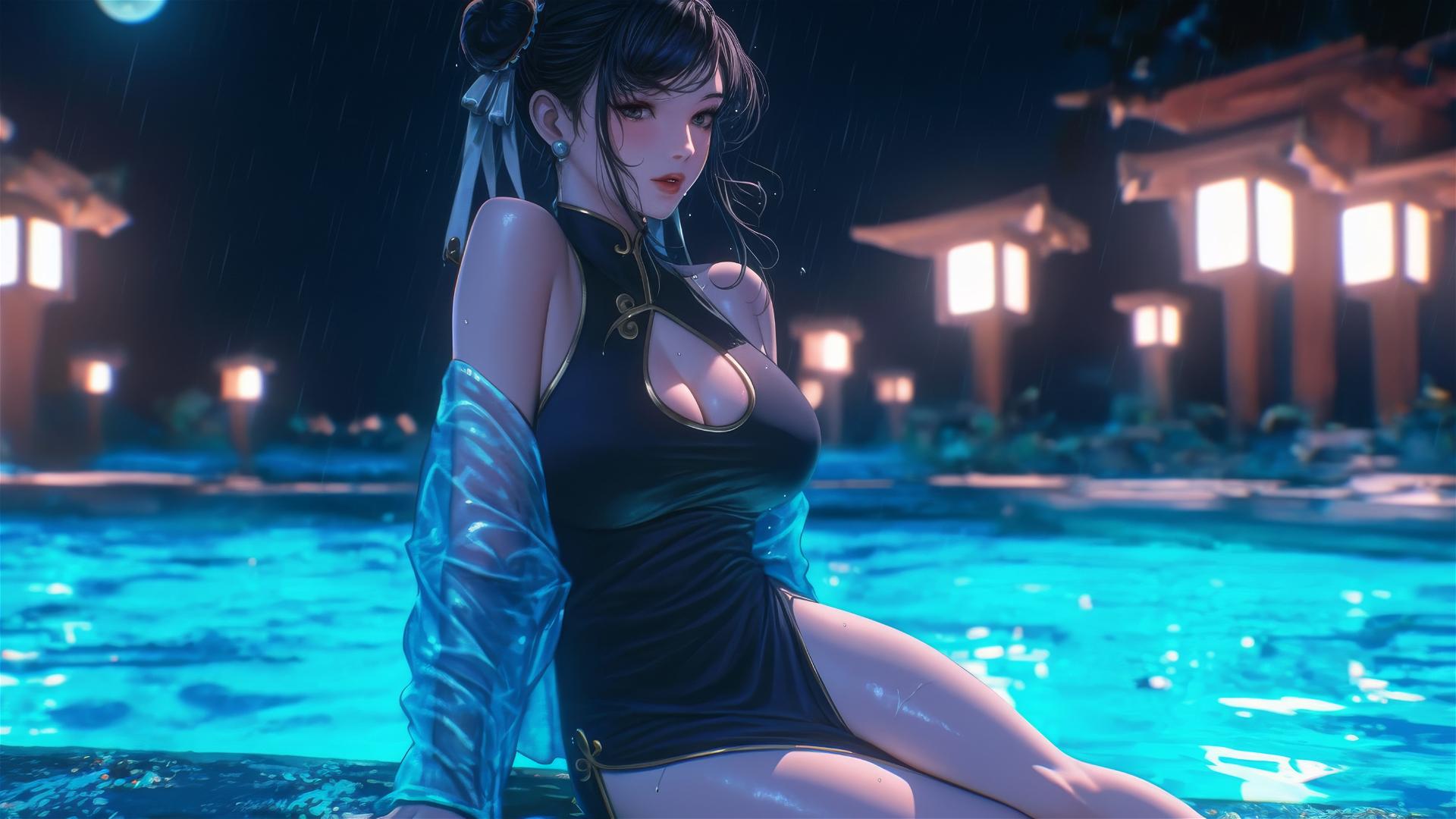 Chun Li in a black dress at a rainy swimming pool with moonlight glow