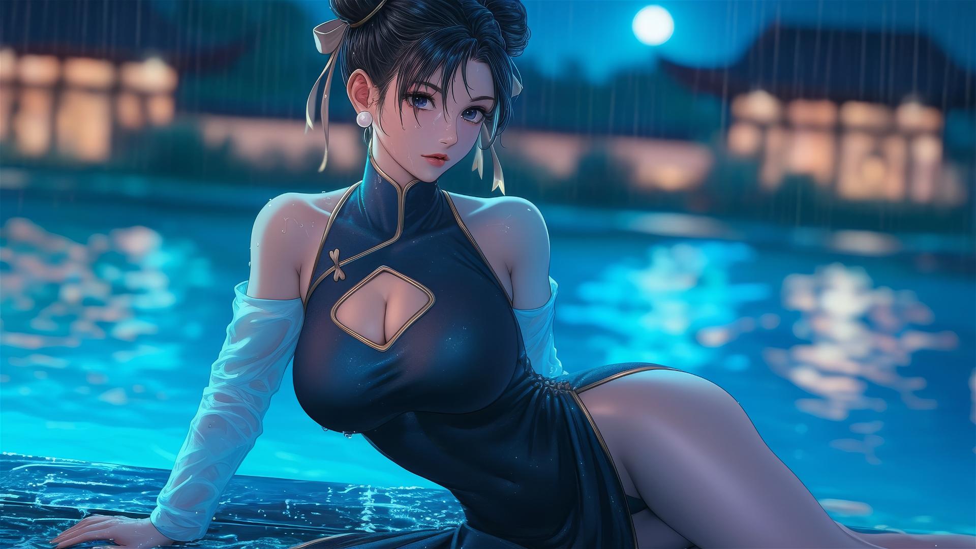 Chun Li in black dress resting at rainy pool with moonlight glow