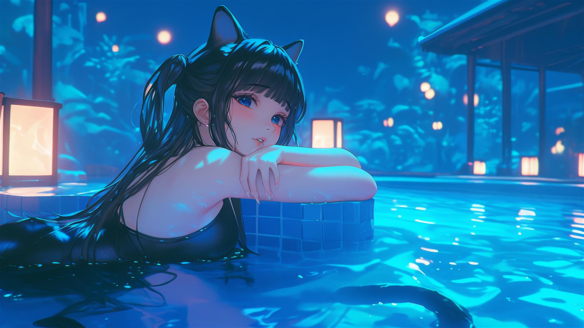 Cat girl resting by a rainy pool in moonlight