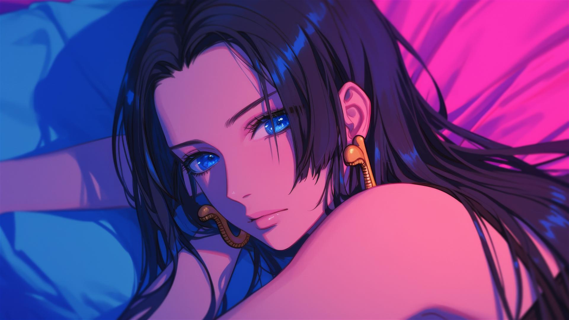 Boa Hancock from One Piece in bed wearing black and pink leather with long hair and gold earrings, neon colors, pink background, high contrast.