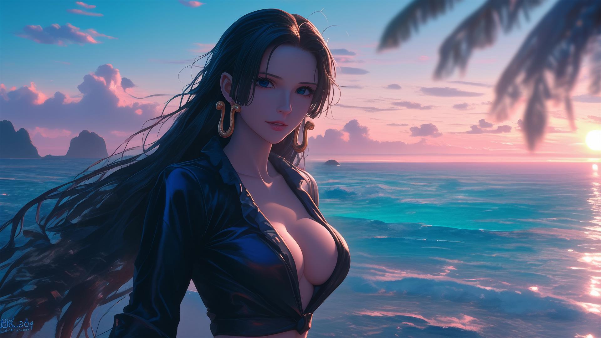 Boa Hancock striding across a beach at sunset in a black and pink leather outfit, with a neon pink sky.