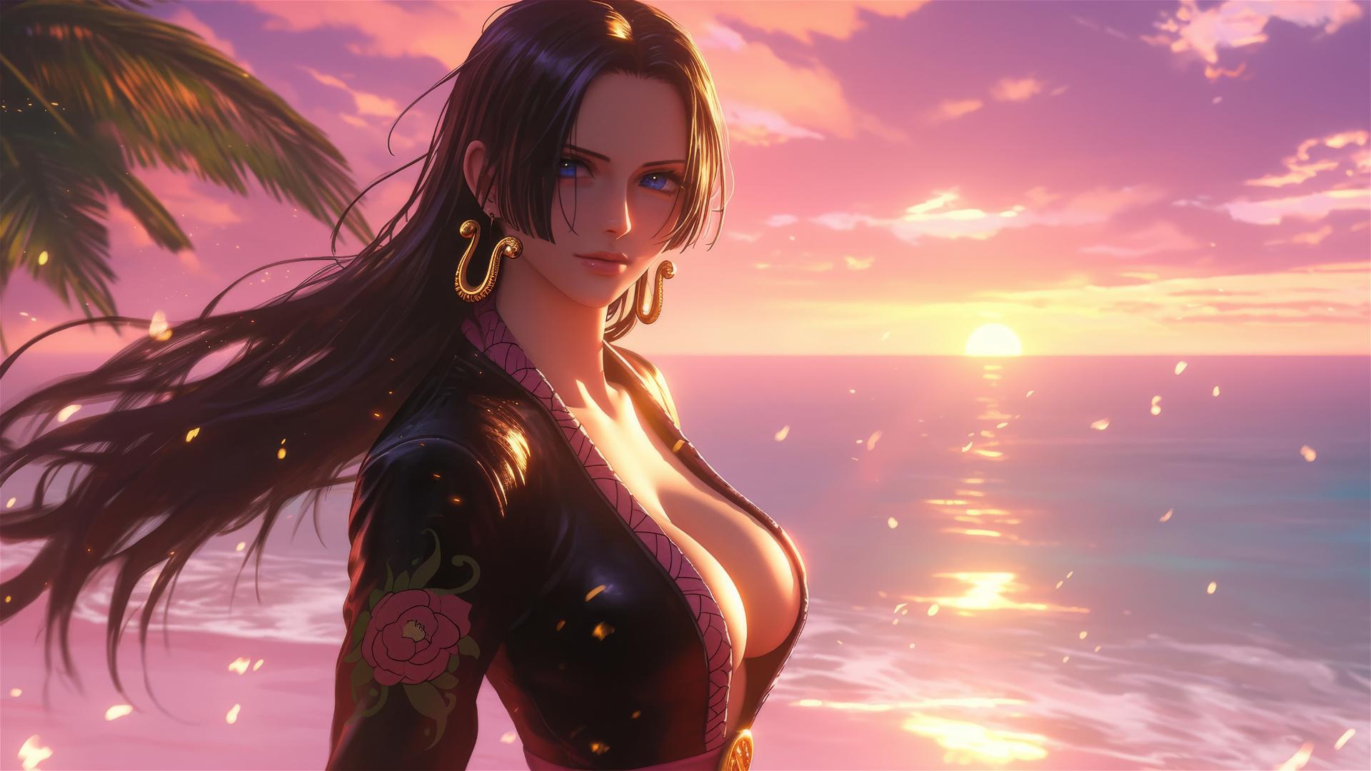 Boa Hancock from One Piece strides confidently across a sunset beach in a black and pink leather outfit, with gleaming gold earrings against a neon pink sky.