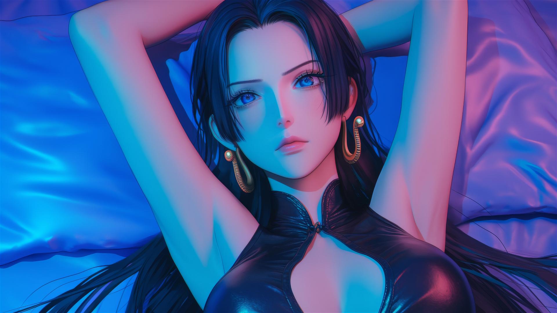 Boa Hancock from One Piece in bed wearing black and pink leather with neon colors and a pink background