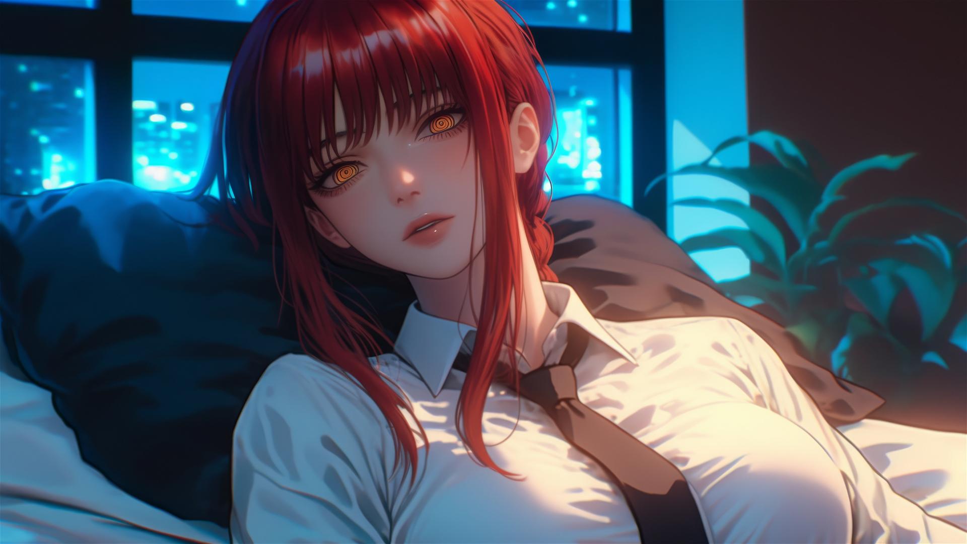 Makima from Chainsaw Man with reddish hair lying in bed