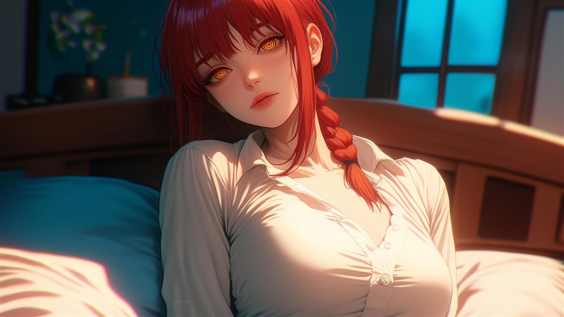 High angle of Makima from Chainsaw Man in bed with reddish hair.