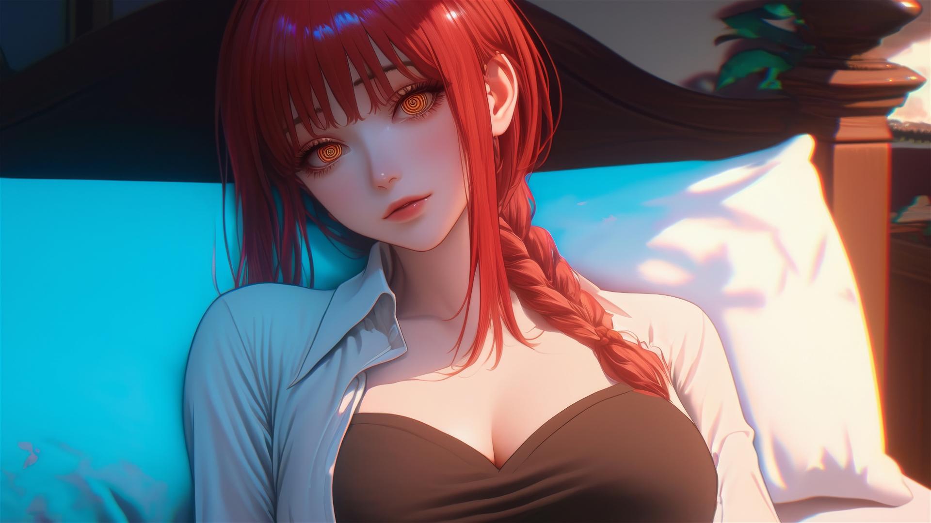 High angle view of Makima with reddish hair in bed