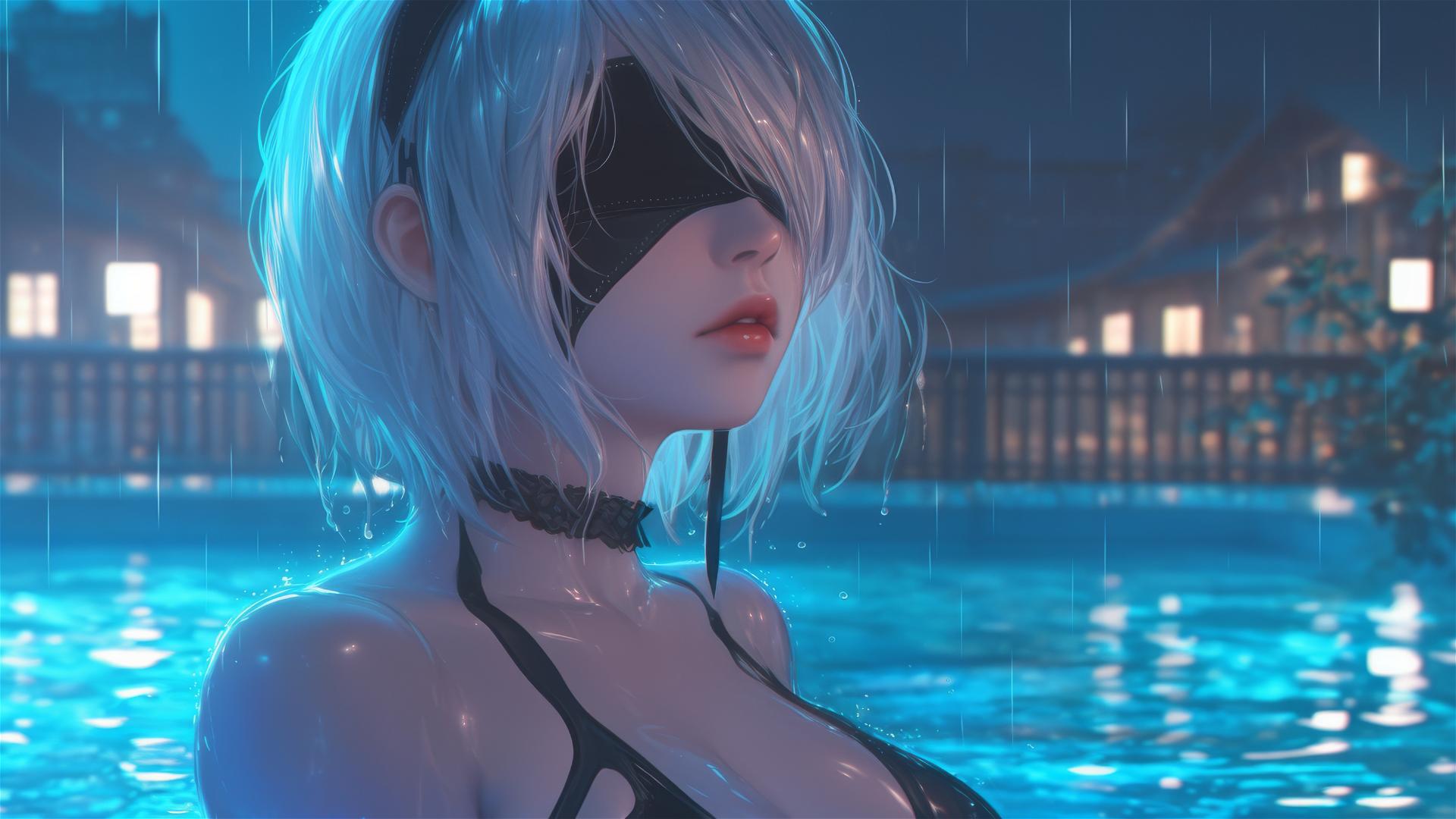 2B from Nier at a rainy pool under moonlight