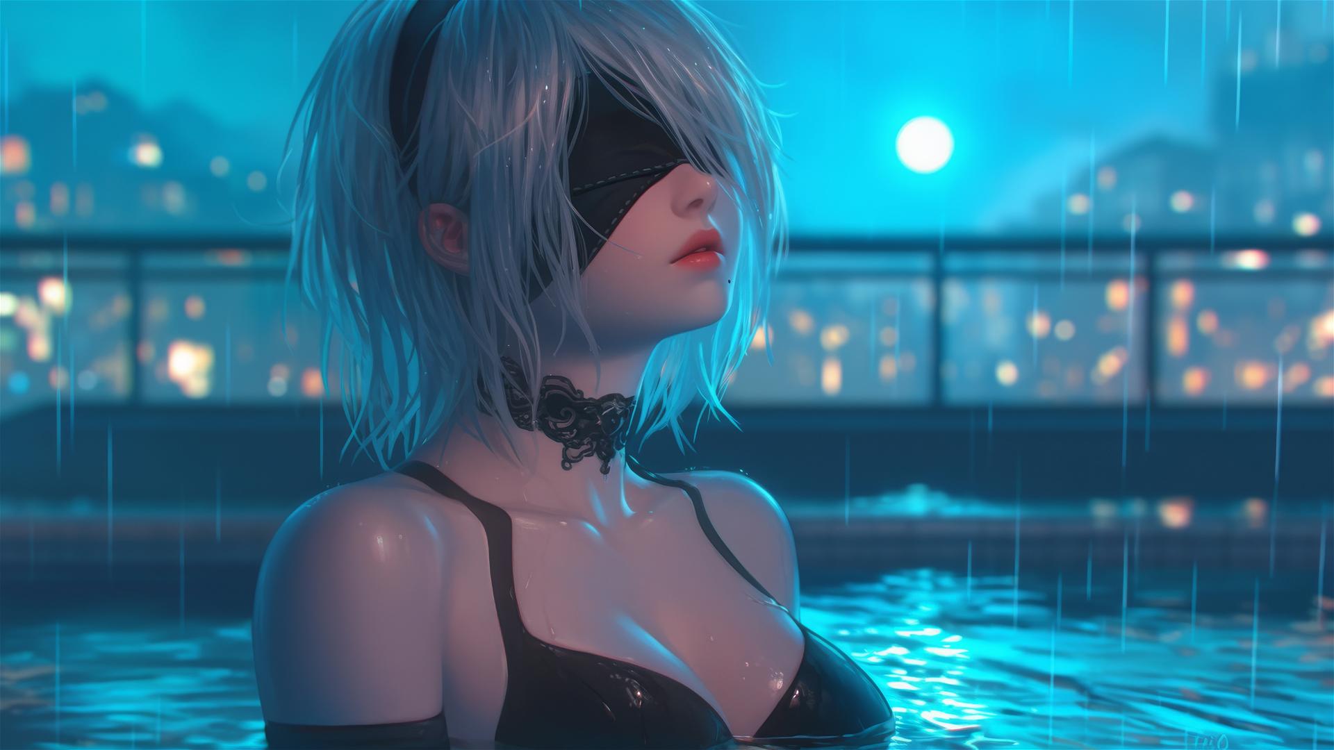 2B from Nier standing leisurely at a rainy swimming pool with moonlight glow