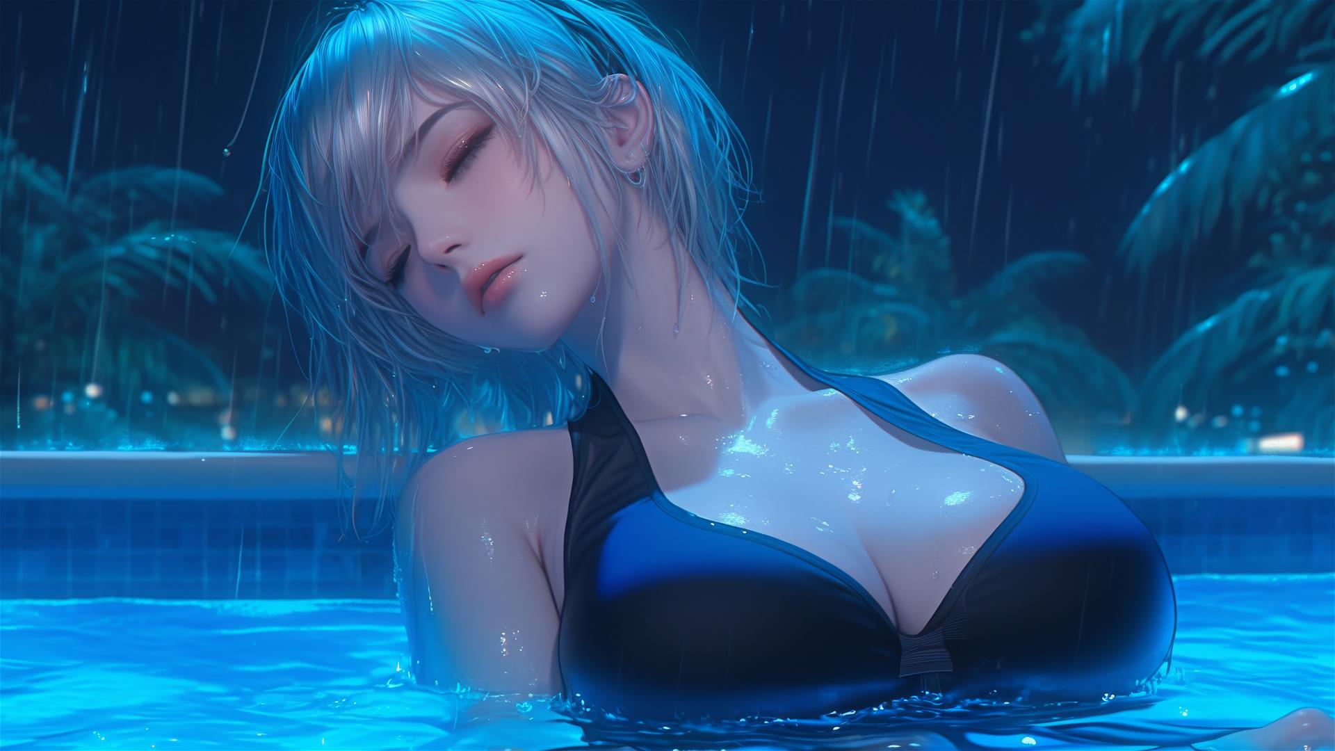 2B from Nier in casual attire, sitting relaxed by a rainy swimming pool with moonlight glow.