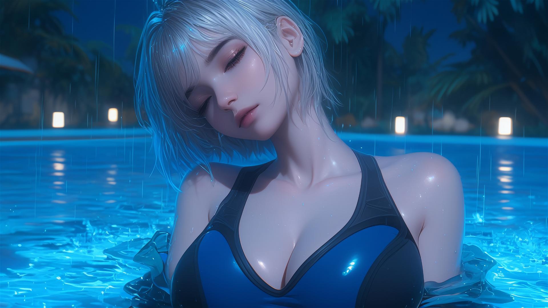 2B from Nier in casual attire sitting by a rainy swimming pool under moonlight.