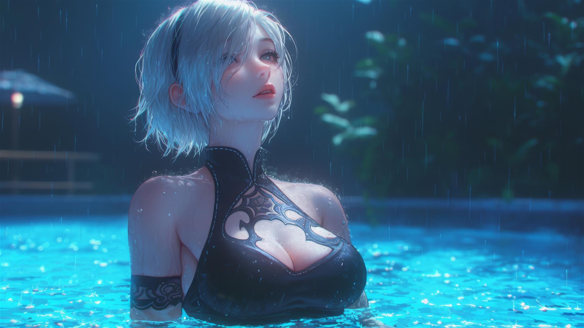 2B from Nier in casual attire resting at a rainy pool under moonlight