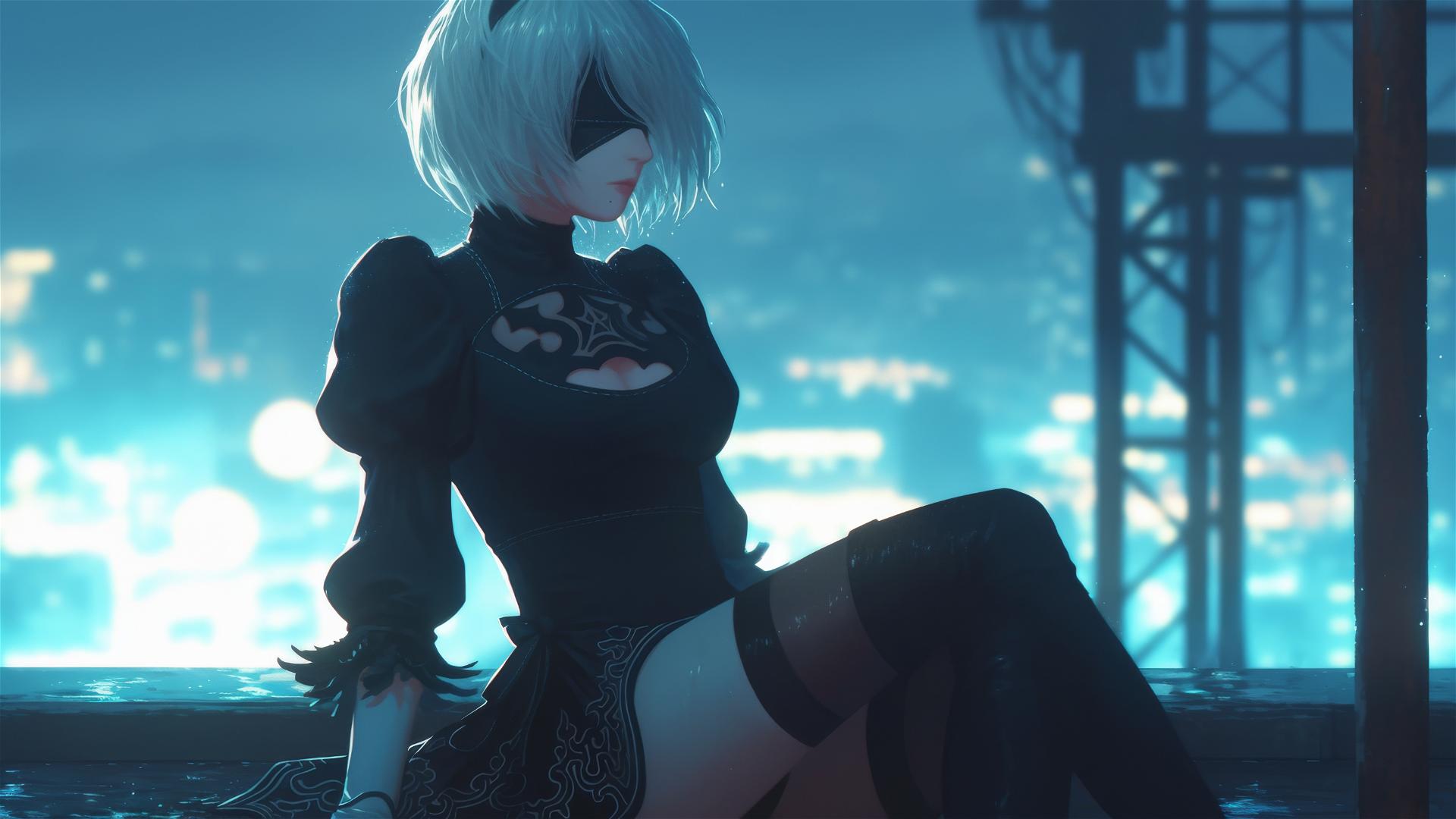 2B from Nier sitting by a rainy swimming pool under moonlight.