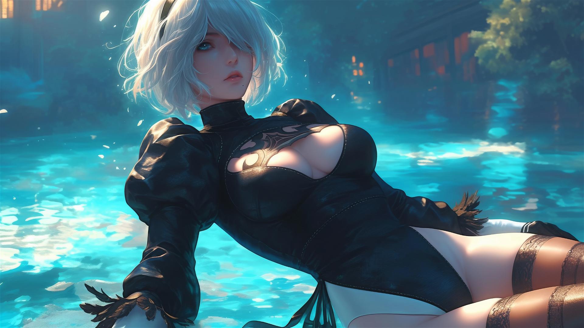 2B from Nier resting at a rainy pool under moonlit glow