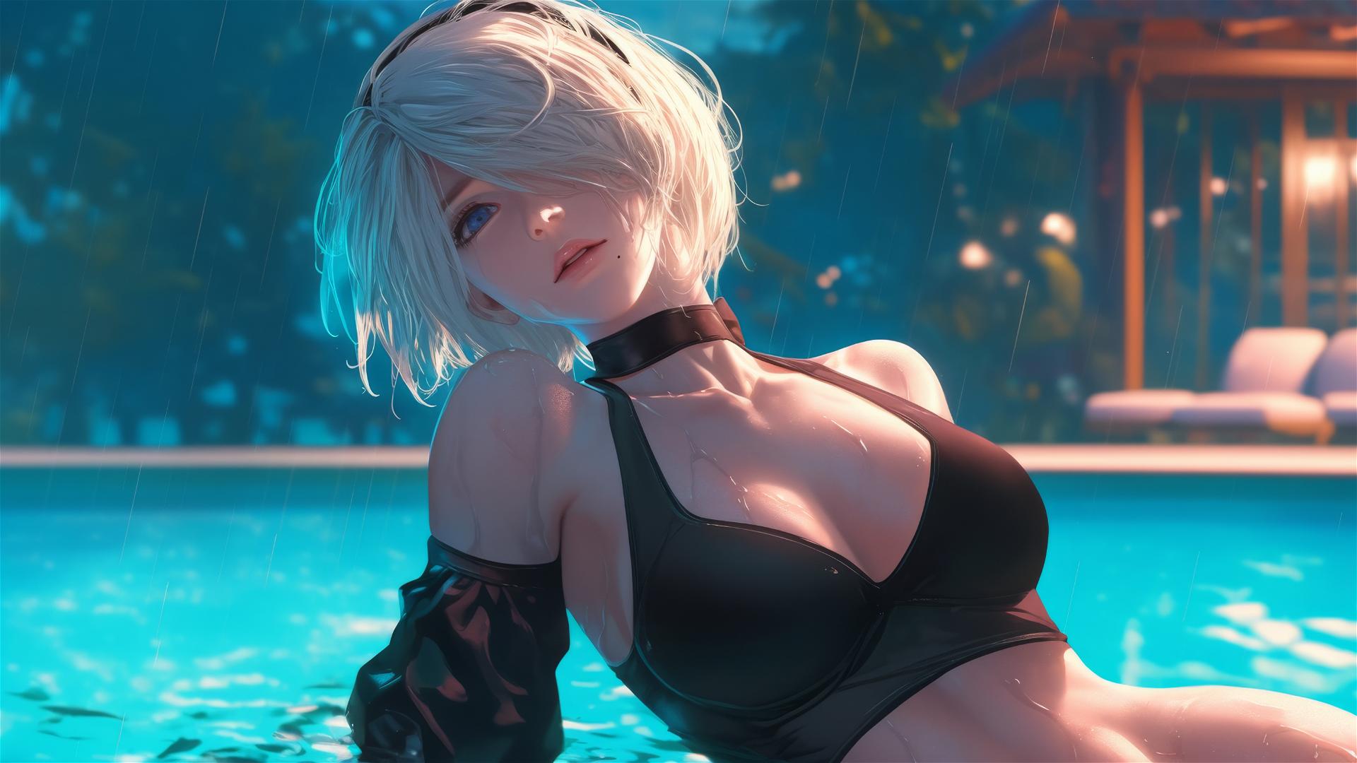 2B from Nier resting by a pool under moonlit glow, rainy ambiance
