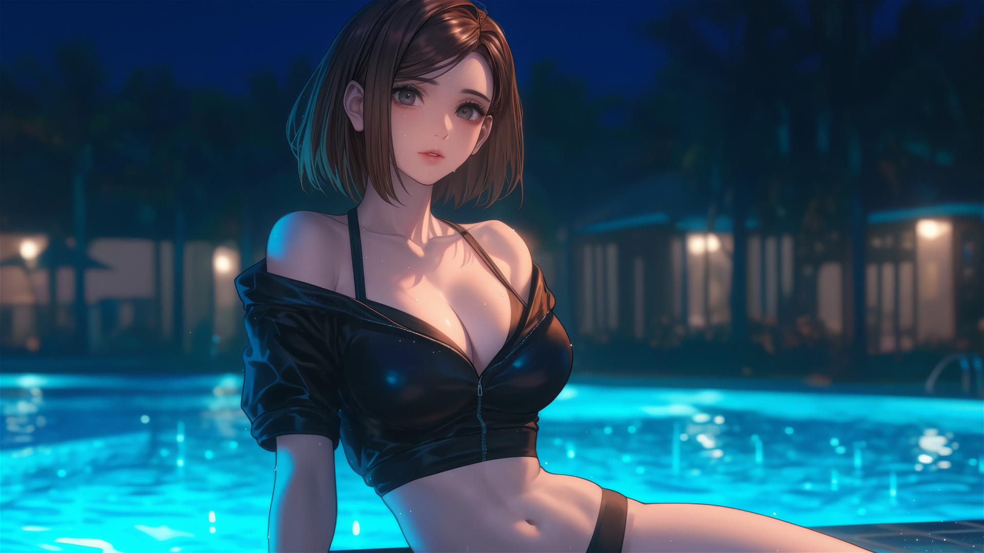 Nobara Kugisaki resting by a rainy pool under moonlight, with short brown hair.