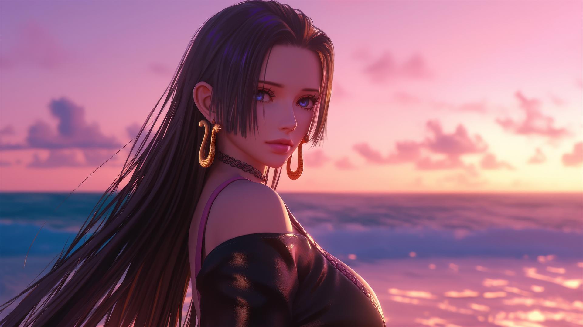 Anime-style Boa Hancock in leather outfit on a beach at sunset