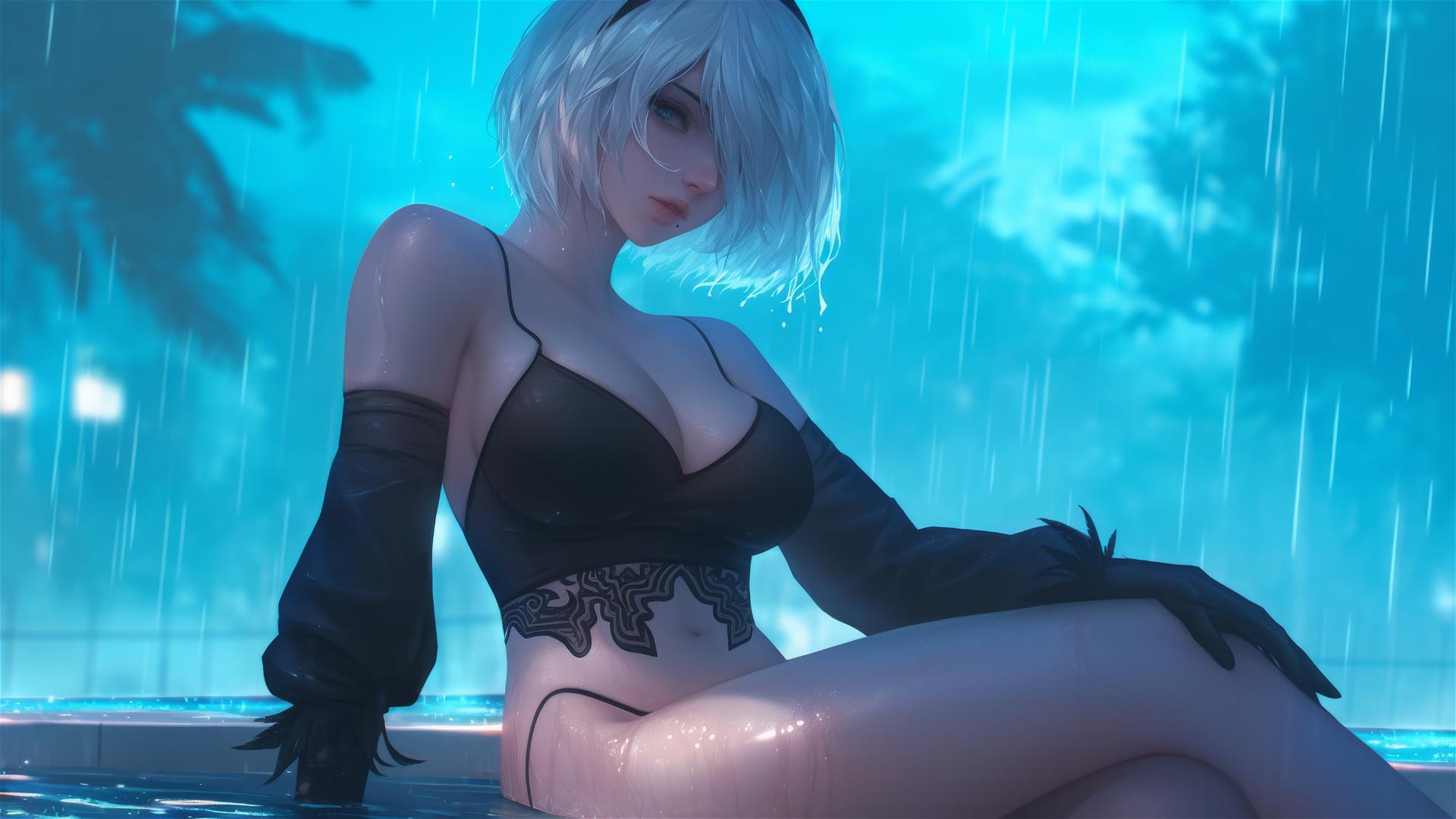 2B from Nier sitting by a rainy swimming pool, illuminated by moonlight.