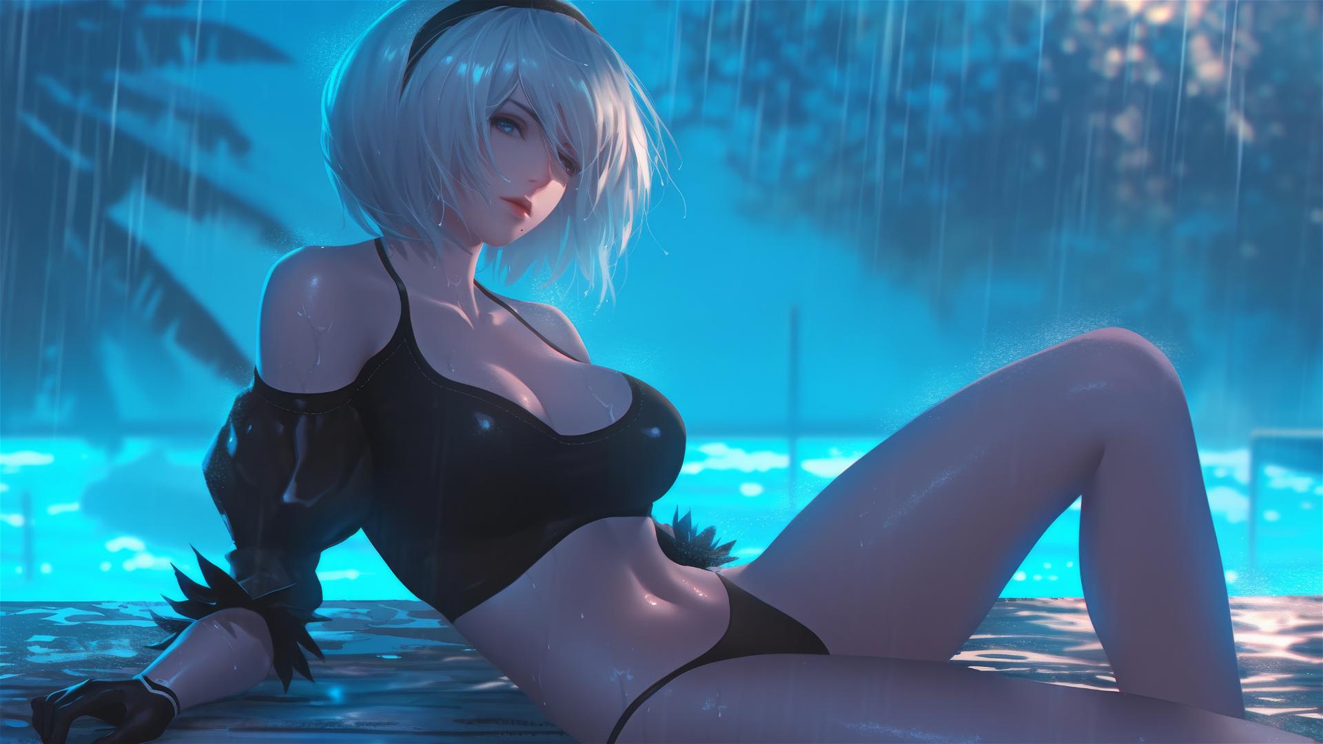 2B from Nier resting by a rainy pool under moonlight