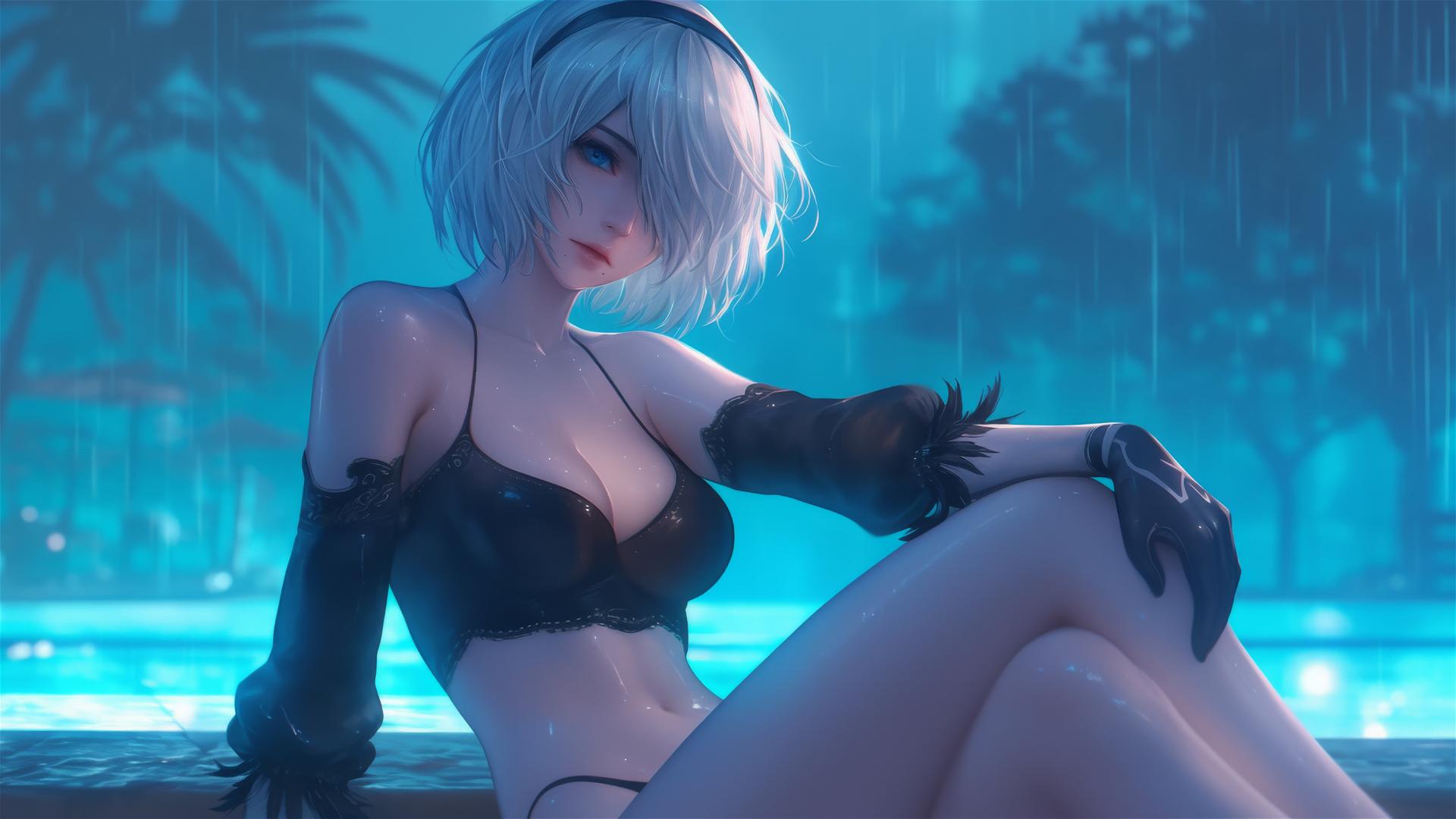 2B from Nier resting by a pool in the moonlight, short hair
