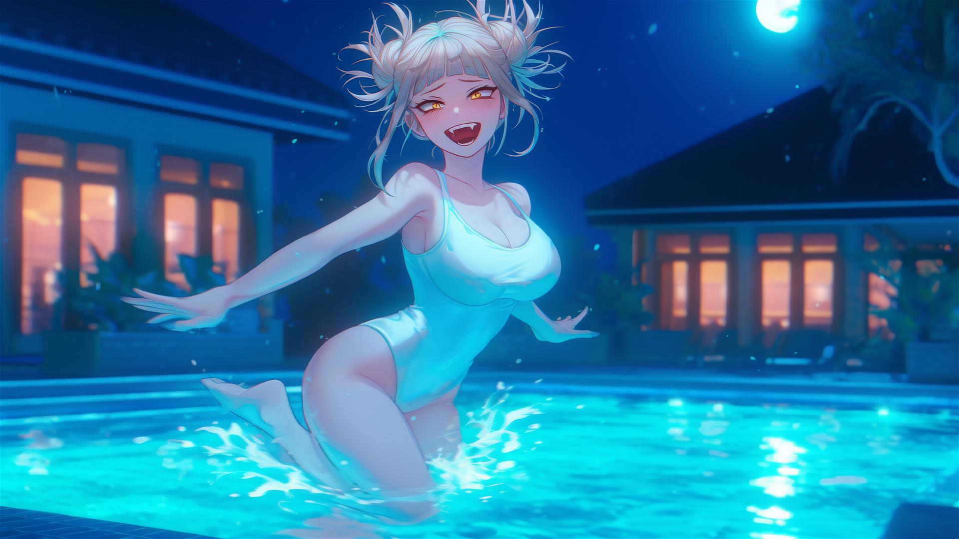 Himiko Toga from My Hero Academia jumping out of a swimming pool under moonlight.