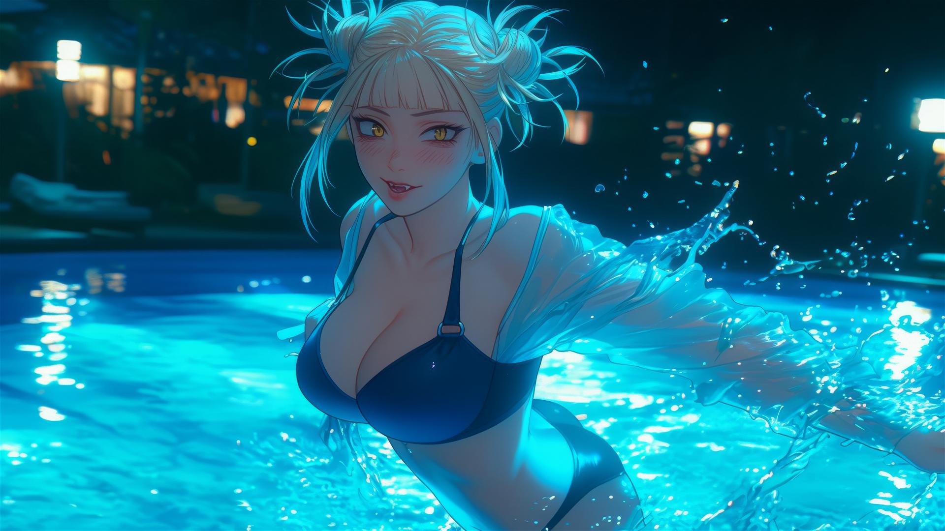 Himiko Toga jumping out of swimming pool under moonlight, with ash-blonde hair in messy buns.