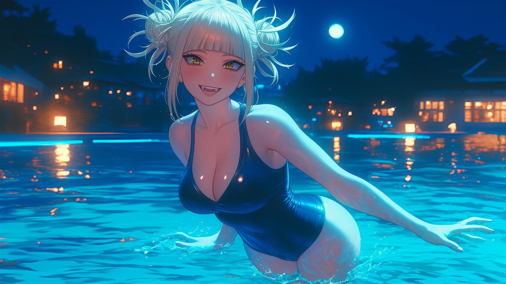 Himiko Toga from My Hero Academia jumping out of a swimming pool under moonlight.