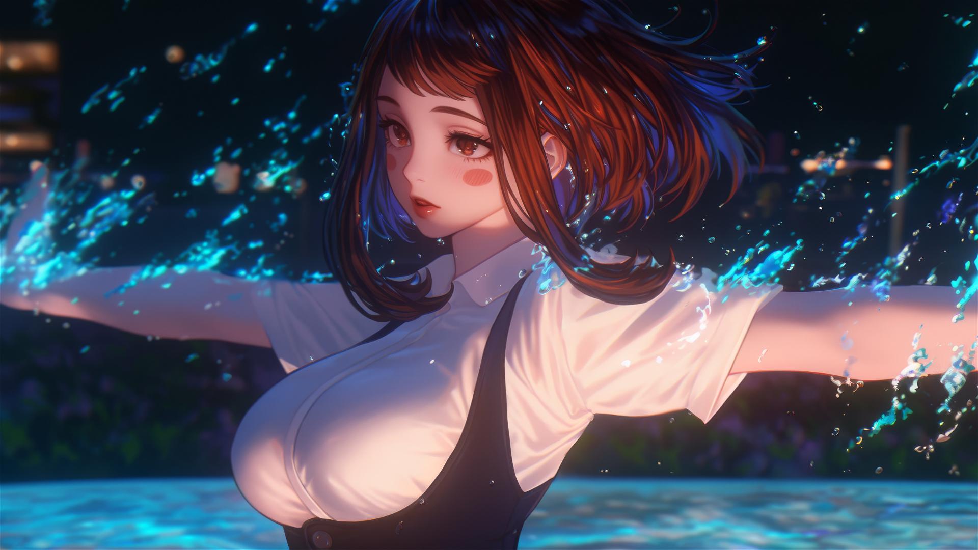 Ochaco Uraraka from My Hero Academia jumping out of a tub in her apartment, warmly lit.