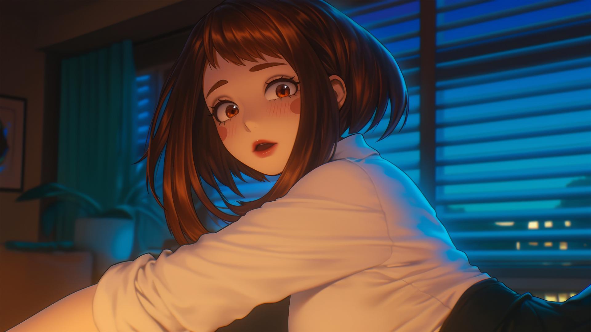 Ochaco Uraraka jumping out of a tub with warm light on her, auburn hair and eyes, pink blush marks