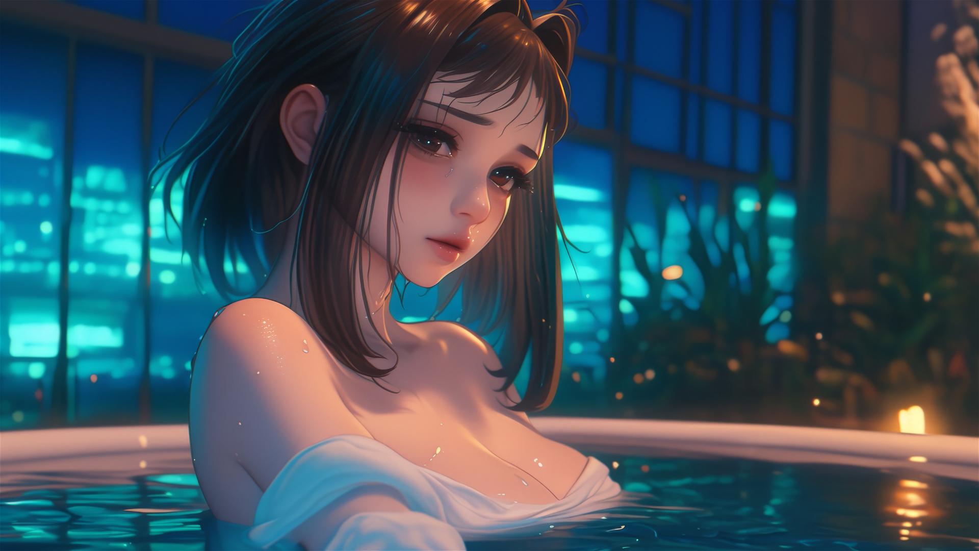 Ochaco Uraraka from My Hero Academia in a tub, warm light glow, auburn hair and eyes, pink blush.
