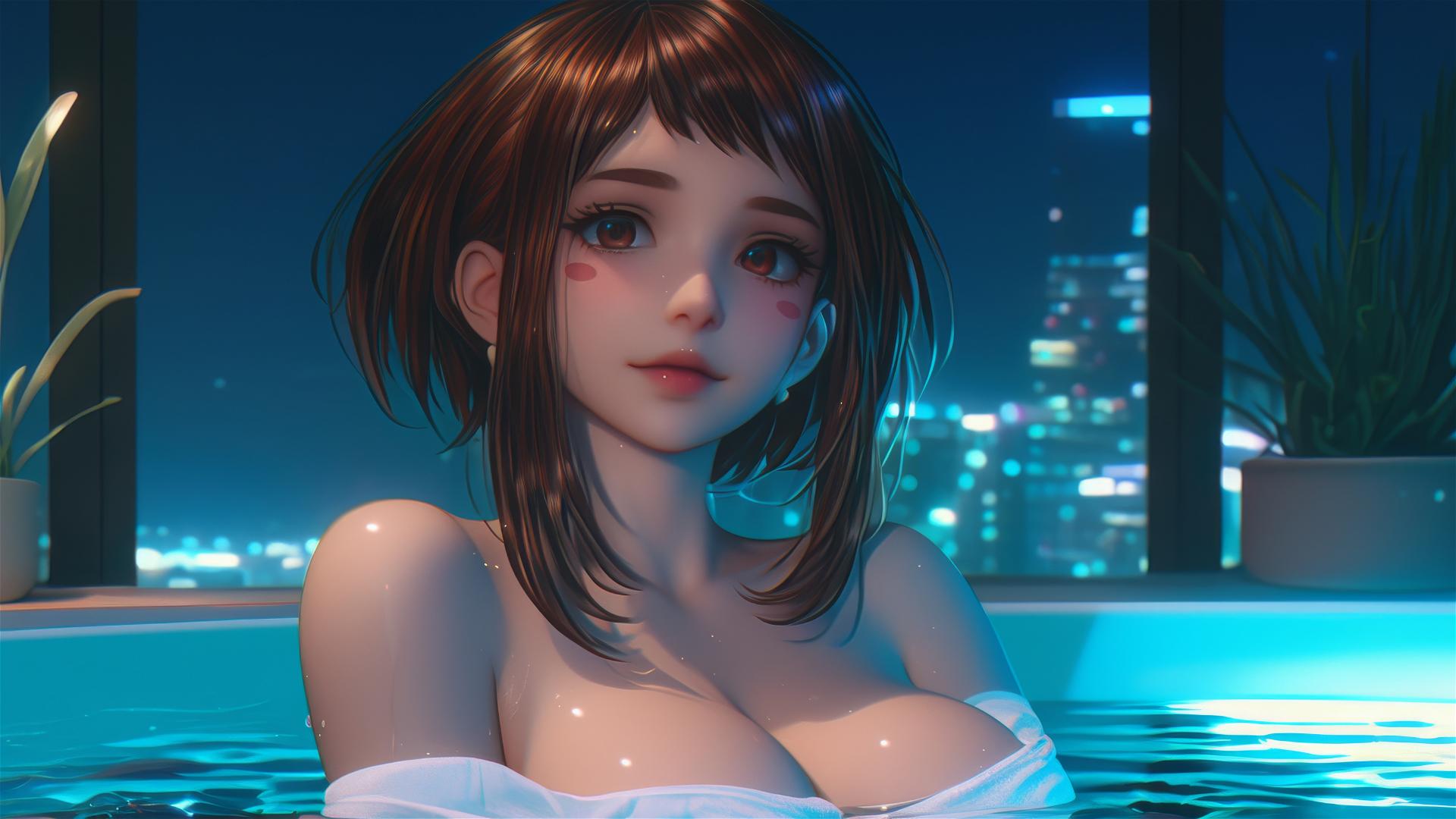 Ochaco Uraraka resting in a tub with warm light and auburn features.