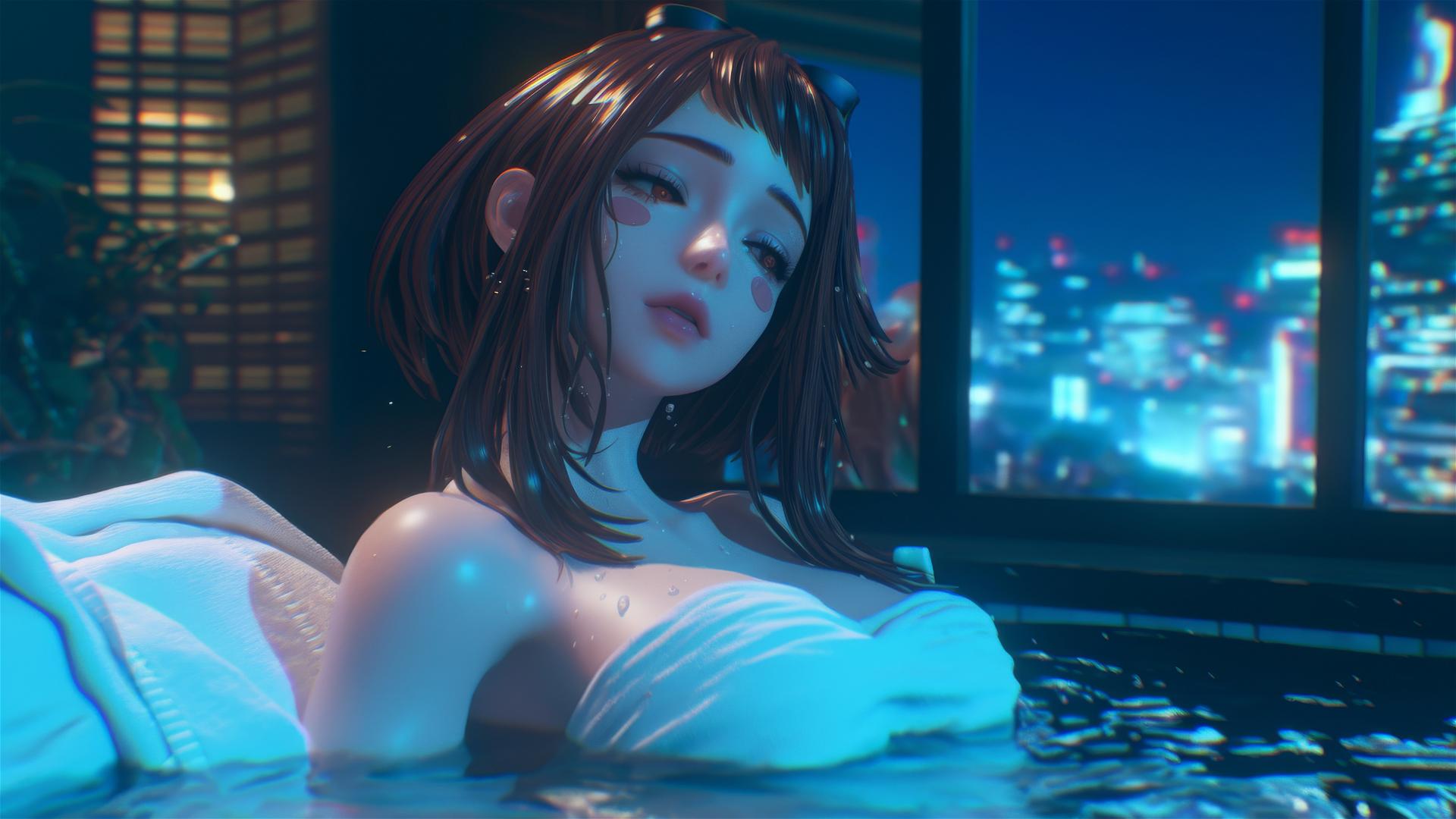 Ochaco Uraraka from My Hero Academia relaxing in a warm-lit bathtub.