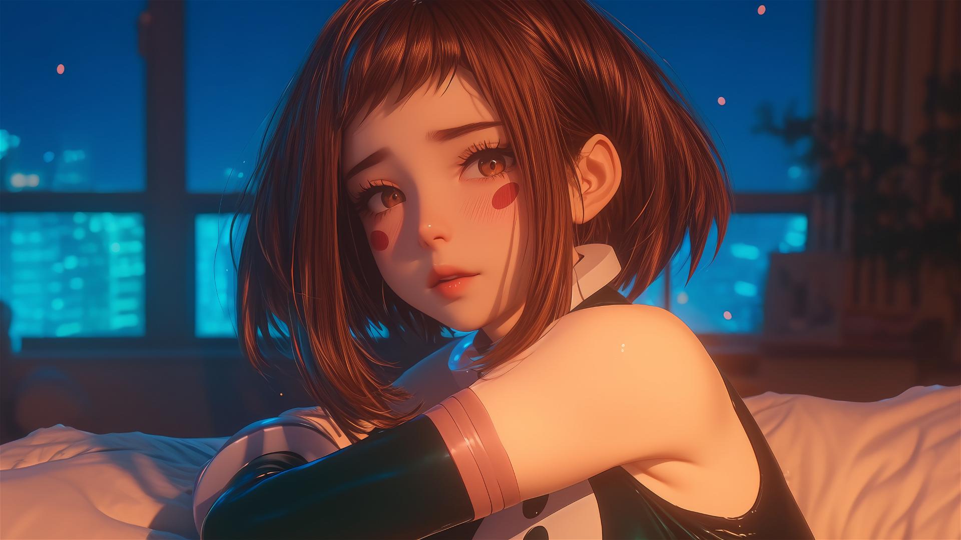 Ochaco Uraraka in sunrise-lit apartment, warm glow on her auburn hair and pink cheeks