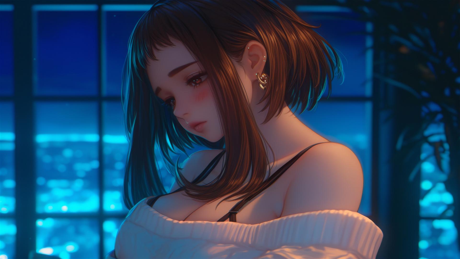 Ochaco Uraraka in apartment at sunrise, auburn hair and eyes, pink blush