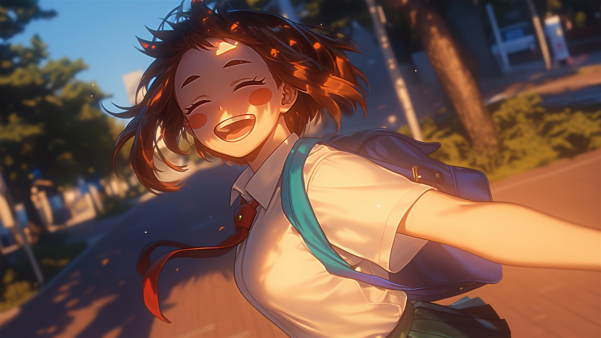 Ochaco Uraraka running in a park at sunrise with soft light glow